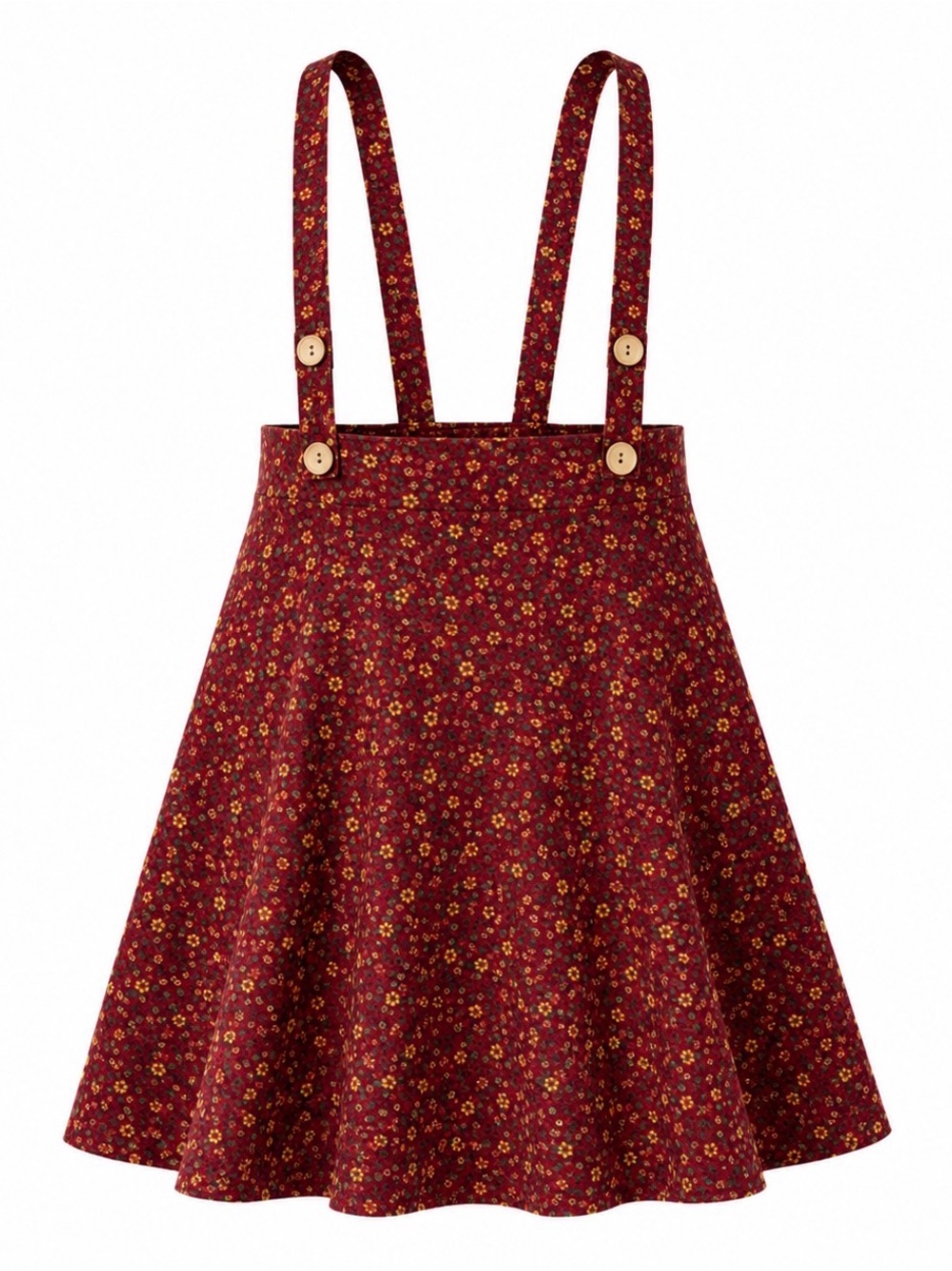 Floral Organic Cotton Pinafore Burgundy Dress, Adjustable Suspender Mini Dress L - Picture 9 of 12